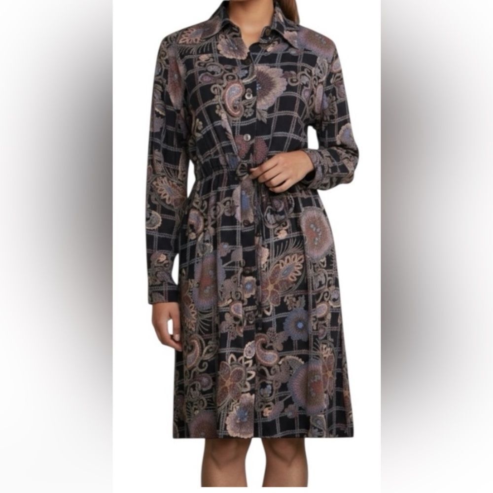 Sacred Threads Bohemian Langelook, Muted Floral Black/Purple Shirt Dress M New